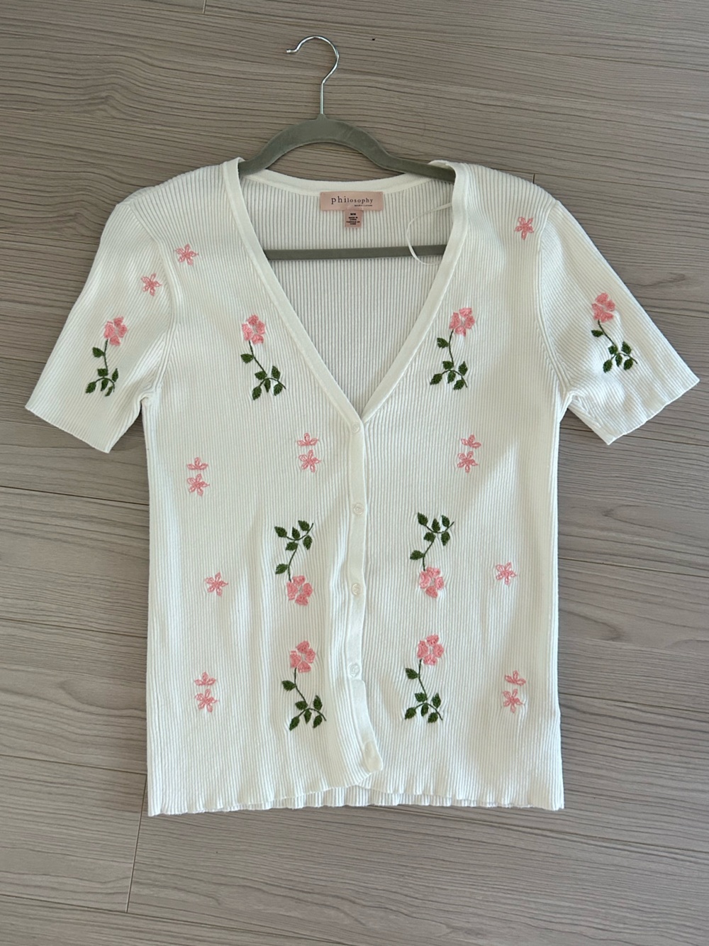 Philosophy Cream Ribbed V-Neck Button Cardigan with Pink Floral Embroidery